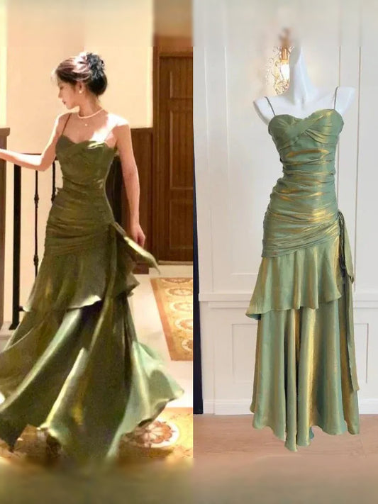 Olive Green maxi prom dress, alternate view showing the bodice and skirt