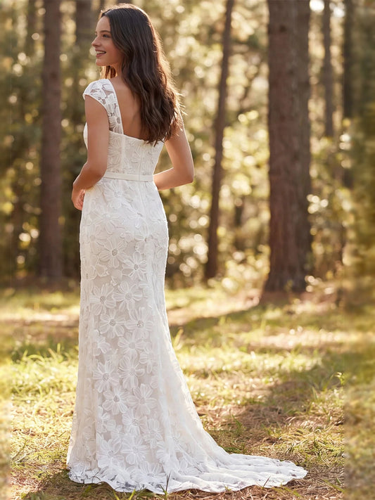 Ivory floor-length wedding dress, alternate view showing the bodice and skirt