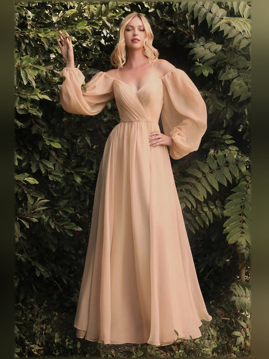 Champagne a-line floor-length formal dress with pleated skirt, alternate view