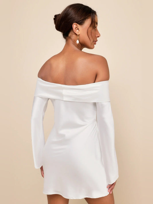 White mini homecoming dress, alternate view showing the bodice and skirt