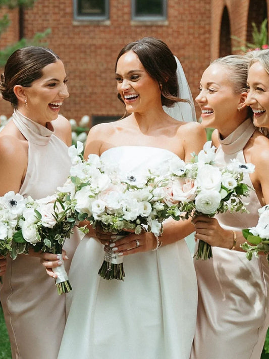 Champagne tea-length bridesmaid dress, alternate view showing the bodice and skirt