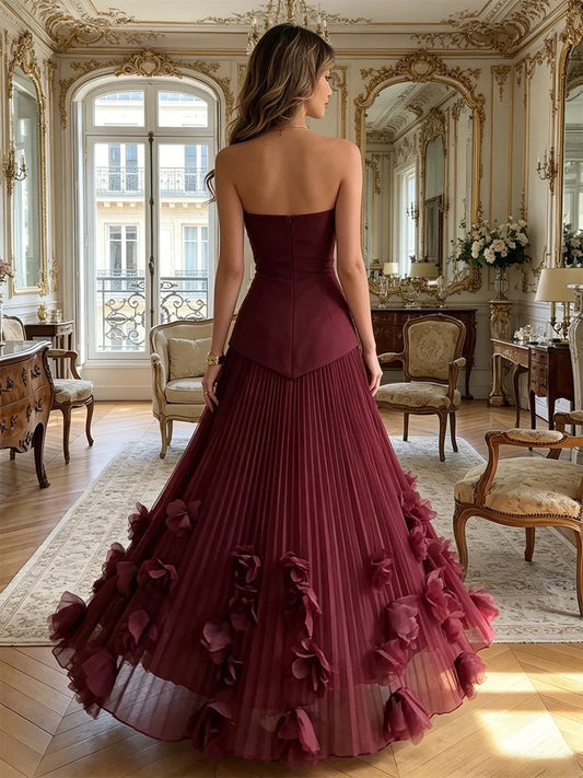 Deep Red maxi bridesmaid dress, alternate view showing the bodice and skirt