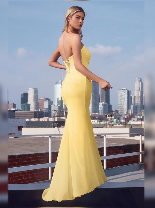 Pale Lemon mermaid floor-length formal dress with ruching, alternate view