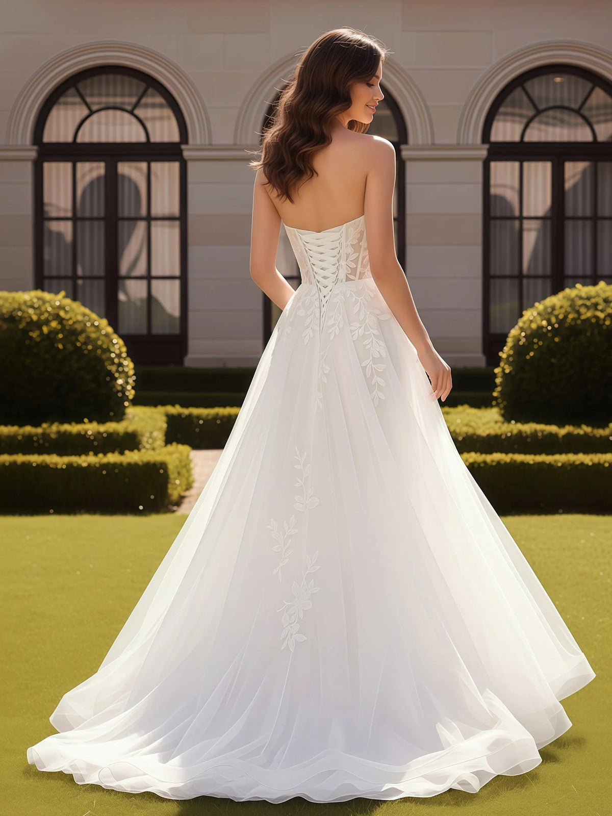 Ivory floor-length wedding dress, alternate view showing the bodice and skirt