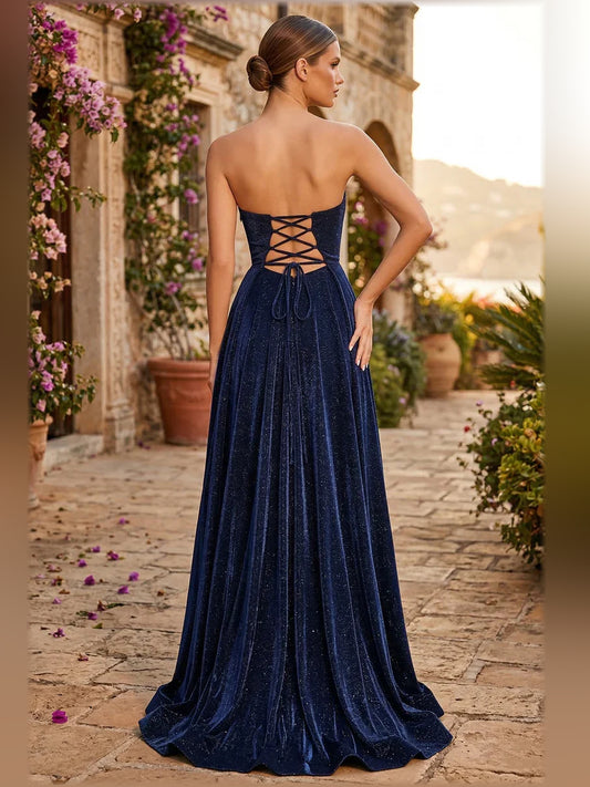 Dark Navy a-line floor-length formal dress with strapless neckline, alternate view