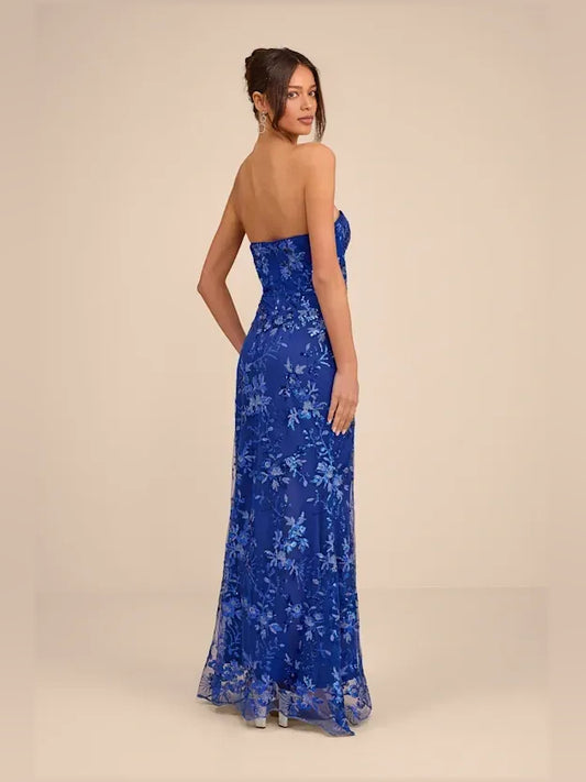 Cobalt Blue maxi prom dress, back view showing the rear of the dress