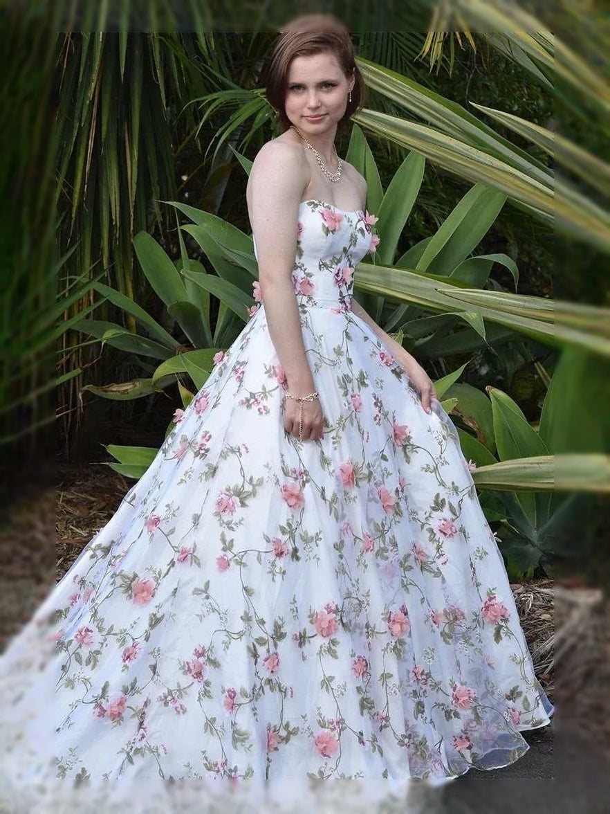 Floral high-low prom dress, back view showing the rear of the dress