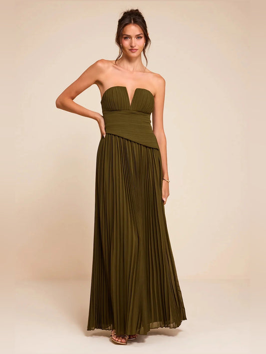 Olive Green maxi bridesmaid dress, alternate view showing the bodice and skirt