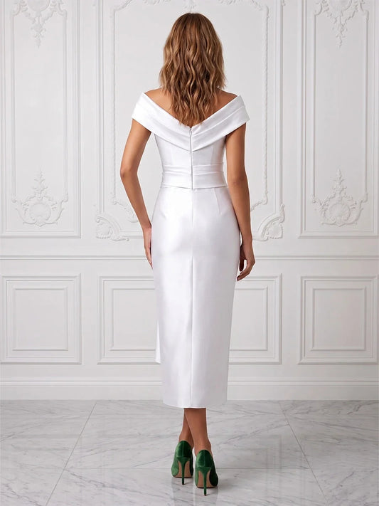 White midi mother of the bride dress, alternate view showing the bodice and skirt
