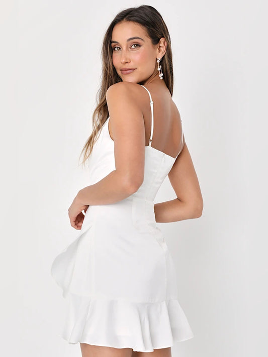 White mini homecoming dress, alternate view showing the bodice and skirt