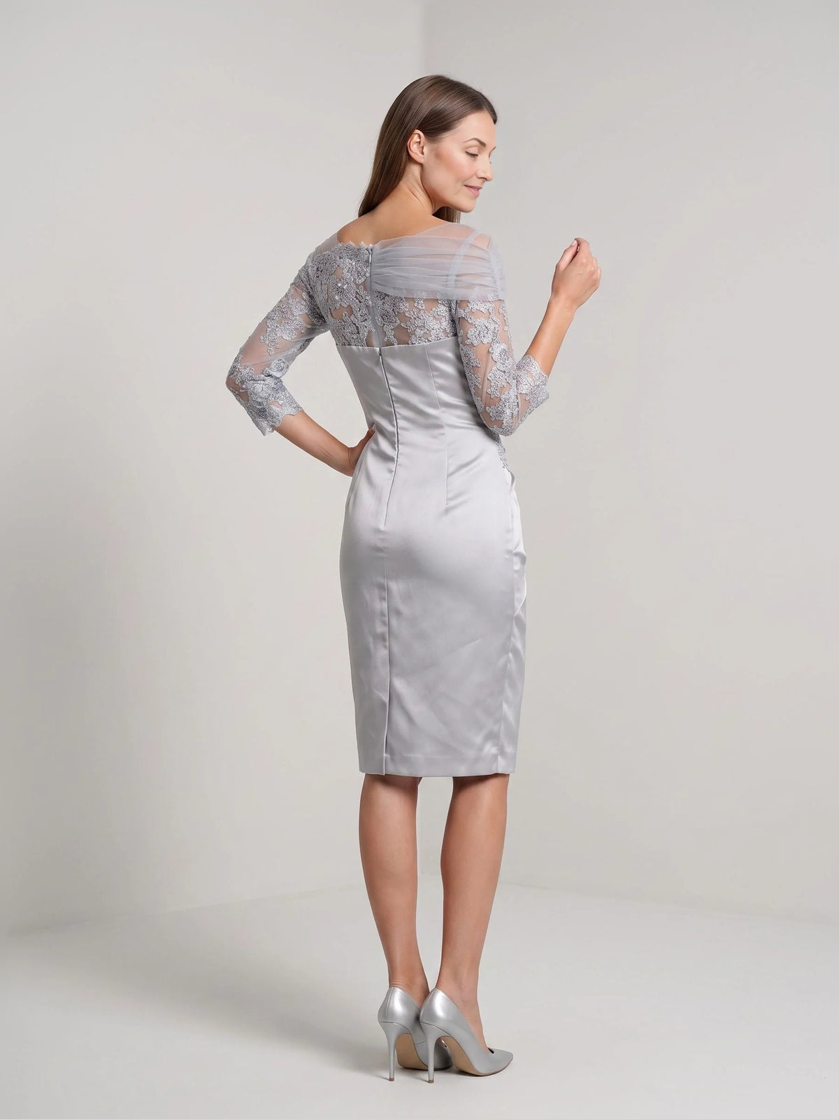 Silver knee-length mother of the bride dress, alternate view showing the bodice and skirt