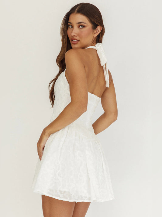 White mini homecoming dress, alternate view showing the bodice and skirt
