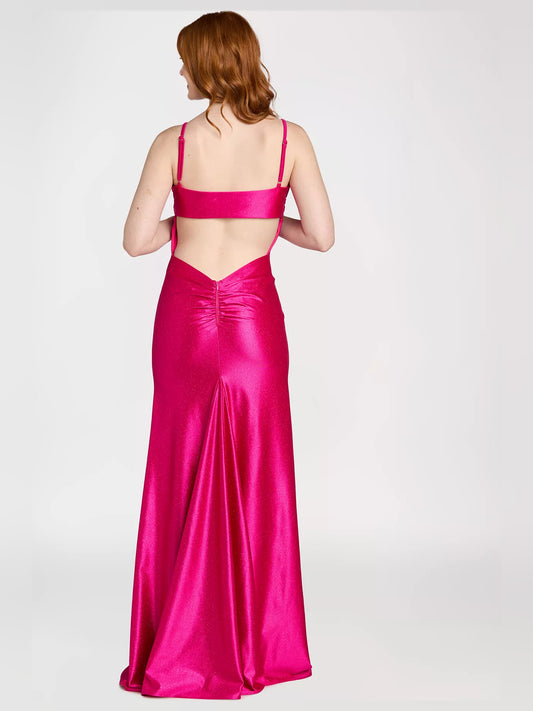 Fuchsia maxi prom dress, alternate view showing the bodice and skirt