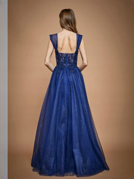 Navy Blue floor-length prom dress, alternate view showing the bodice and skirt