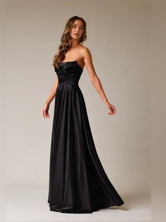 Black a-line floor-length formal dress with draping, alternate view