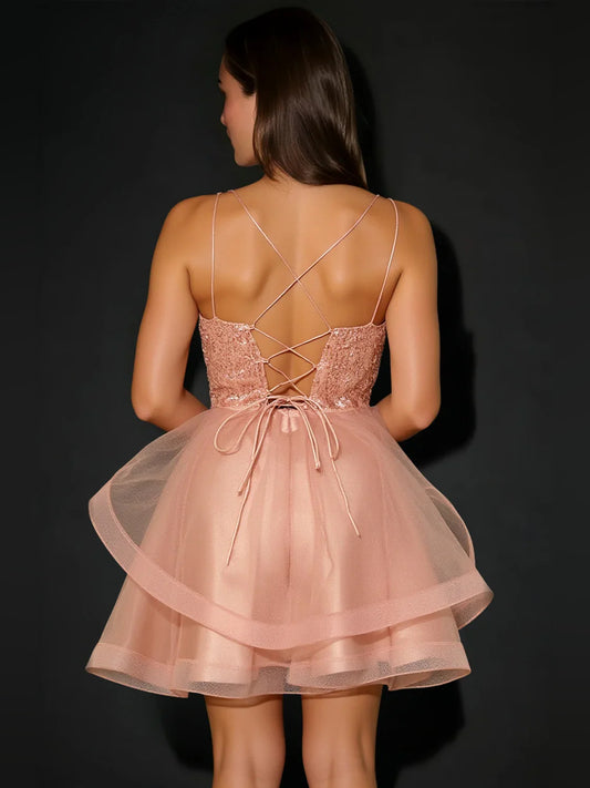 Pearl Pink mini homecoming dress, back view showing the rear of the dress