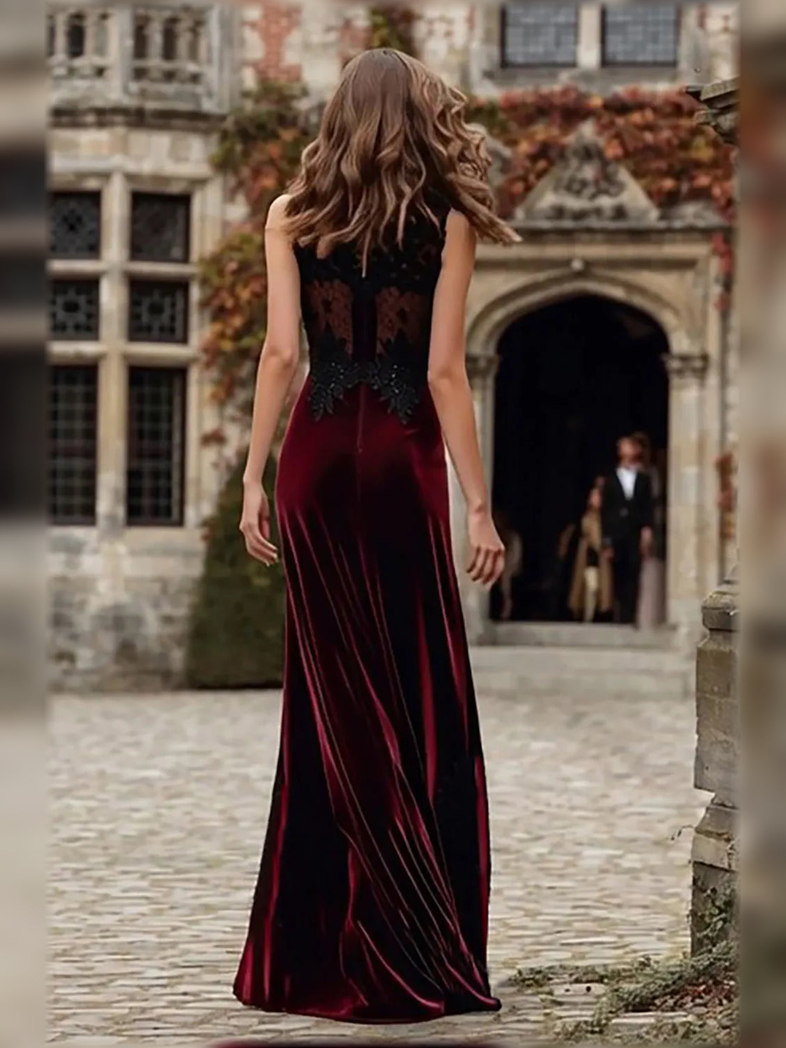 Burgundy sheath floor-length formal dress with skirt slit, alternate view
