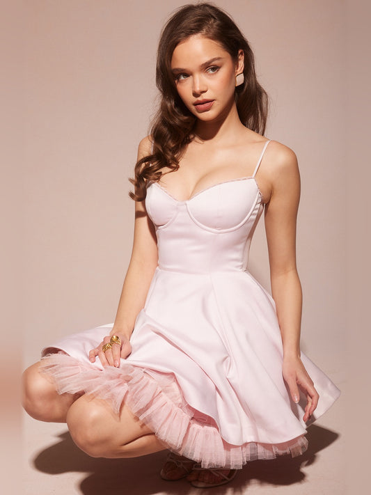 Pink mini homecoming dress, alternate view showing the bodice and skirt