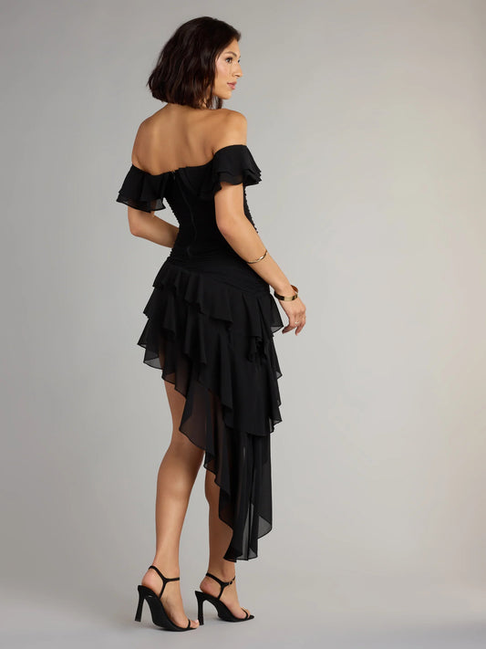 Orange mini homecoming dress, alternate view showing the bodice and skirt