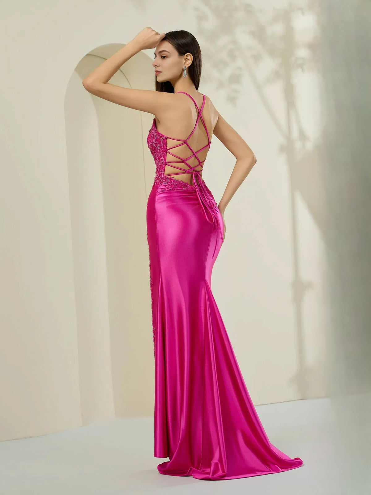 Fuchsia a-line floor-length formal dress with beading, alternate view