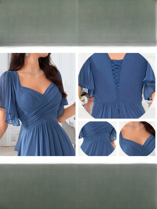 Dusty Blue maxi bridesmaid dress, alternate view showing the bodice and skirt