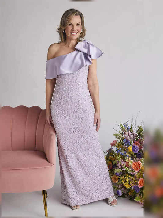 Lilac floor-length mother of the bride dress, alternate view showing the bodice and skirt