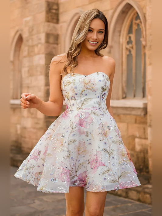 Pink mini homecoming dress, back view showing the rear of the dress
