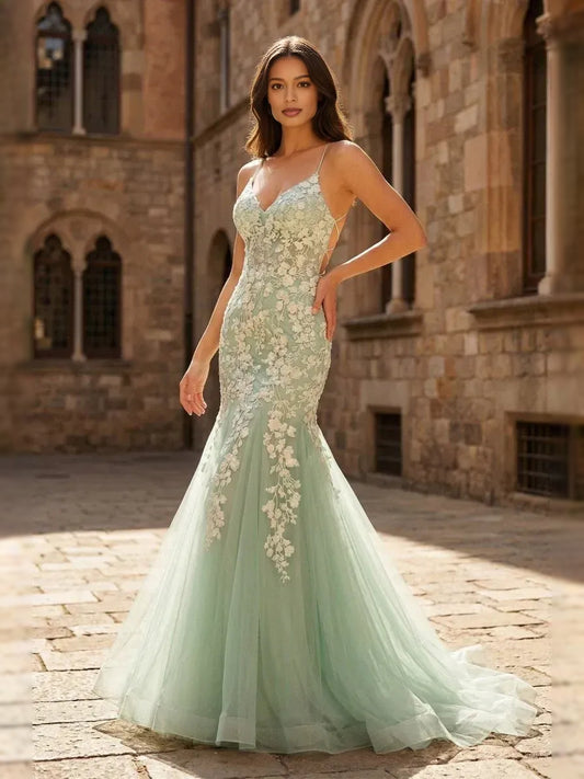 Sage Green floor-length prom dress, back view showing the rear of the dress