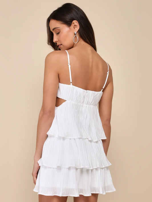 White mini homecoming dress, alternate view showing the bodice and skirt