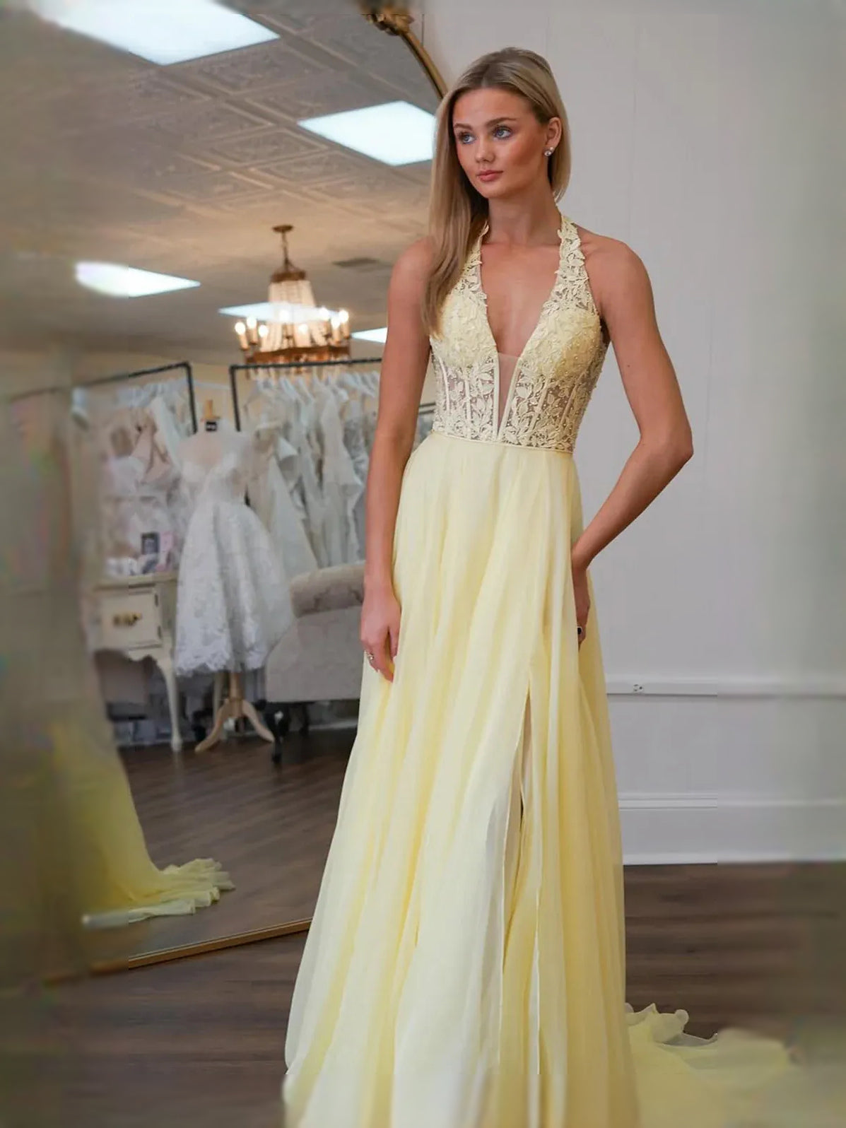 Yellow floor-length prom dress, alternate view showing the bodice and skirt