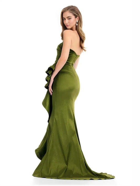 Olive Green mermaid floor-length formal dress with ruching, alternate view