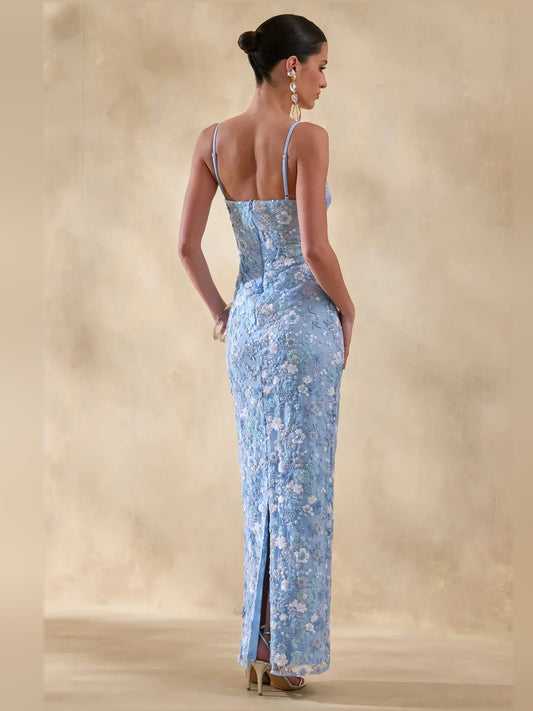 Blue sheath floor-length formal dress with skirt slit, alternate view