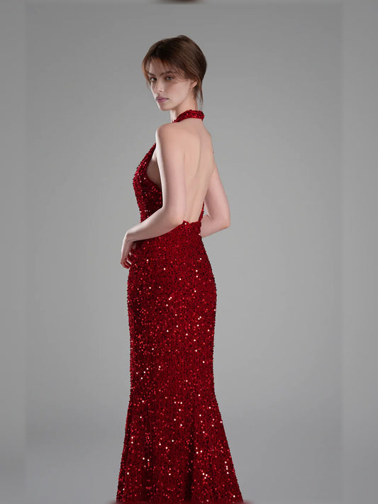 Deep Red mermaid floor-length formal dress with sequins, alternate view