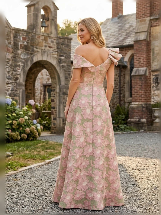 Pink floor-length mother of the bride dress, alternate view showing the bodice and skirt
