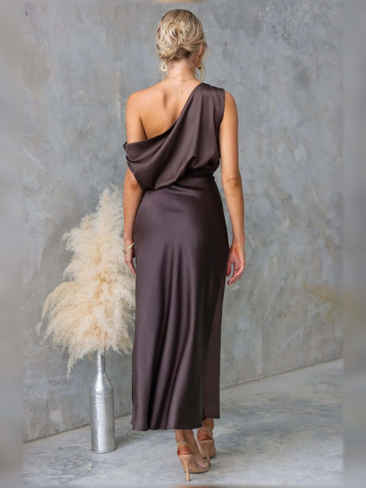 Chocolate ankle-length bridesmaid dress, alternate view showing the bodice and skirt