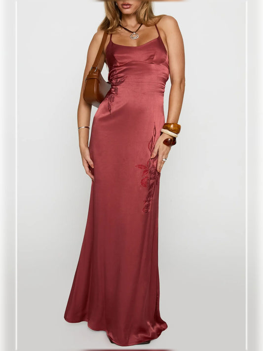 Red mermaid floor-length formal dress with cutout detail, alternate view