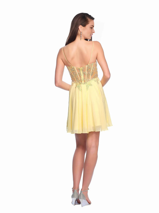 Lemon short homecoming dress, back view showing the rear of the dress