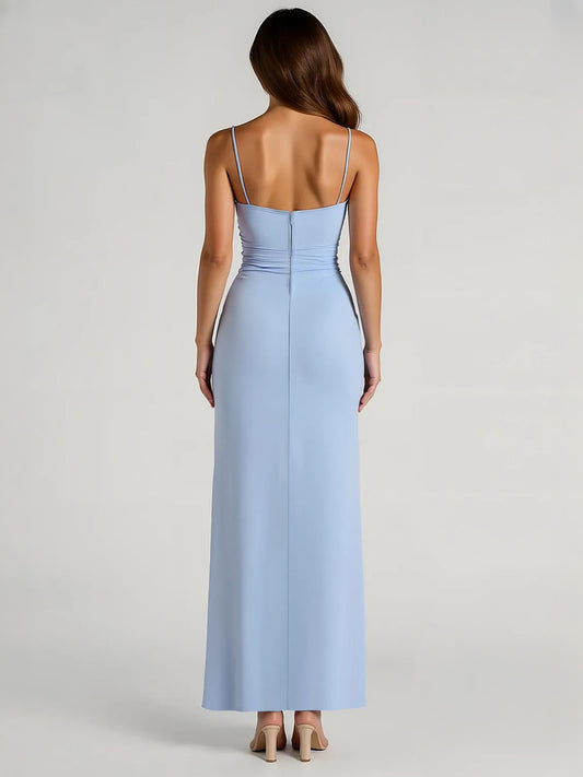 Light Blue maxi bridesmaid dress, alternate view showing the bodice and skirt