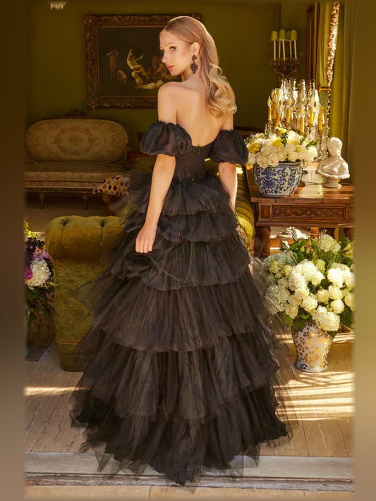 Black floor-length formal dress with ruffle details, alternate view
