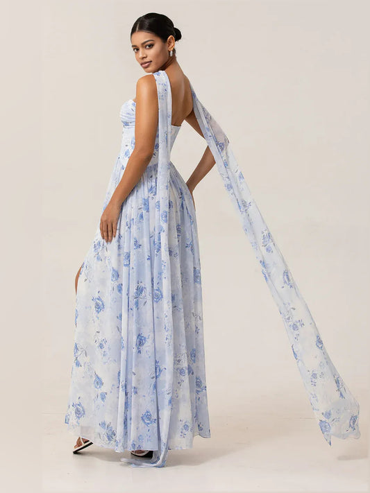 Blue maxi bridesmaid dress, alternate view showing the bodice and skirt