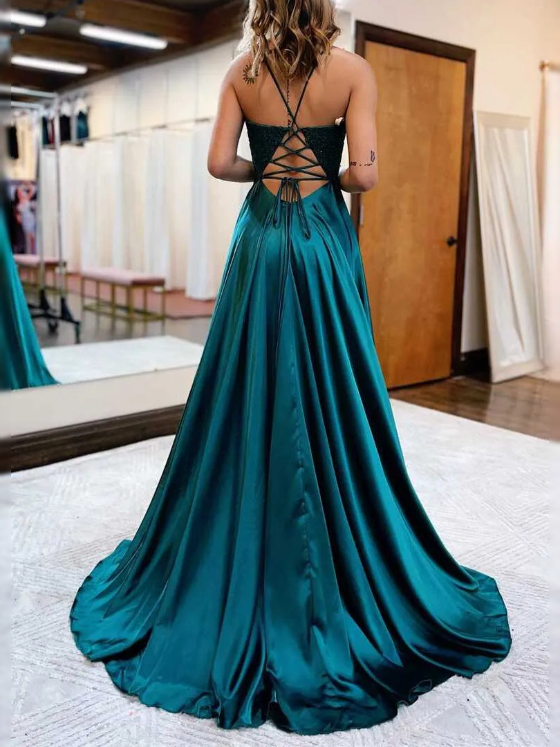 Emerald Green maxi prom dress, back view showing the rear of the dress