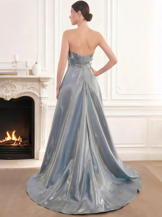 Dusty Blue a-line floor-length formal dress with pleated skirt, alternate view