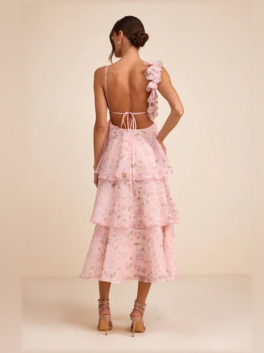 Light Pink Floral midi formal dress with tiered skirt, alternate view