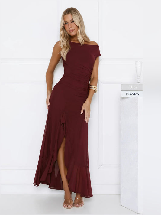 Wine midi formal dress with off-the-shoulder neckline, alternate view