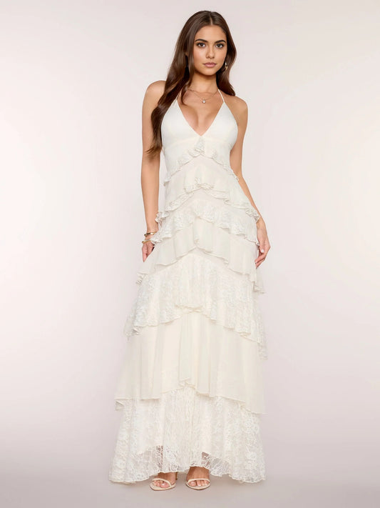 Ivory white maxi prom dress, alternate view showing the bodice and skirt