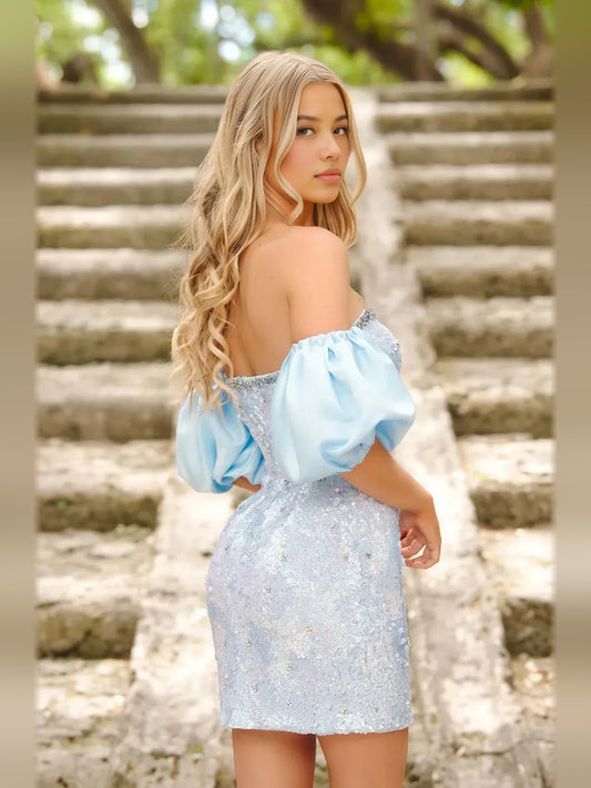 Sky Blue mini homecoming dress, back view showing the rear of the dress