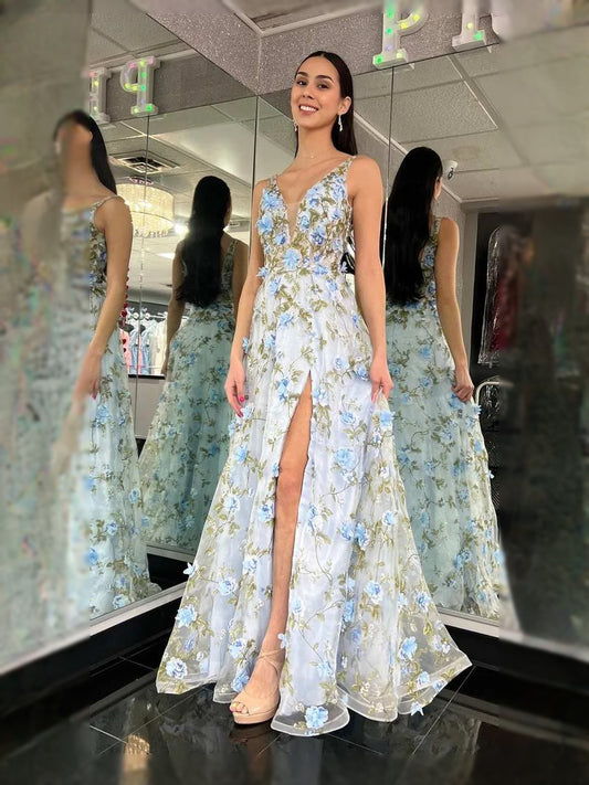 Sky Blue maxi prom dress, back view showing the rear of the dress