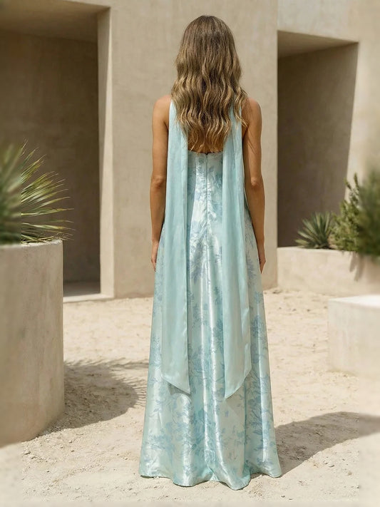 Sky Blue maxi bridesmaid dress, alternate view showing the bodice and skirt