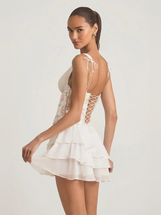 Ivory mini homecoming dress, alternate view showing the bodice and skirt