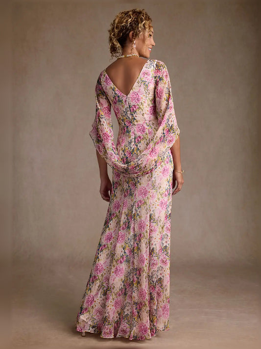 Floral floor-length mother of the bride dress, alternate view showing the bodice and skirt